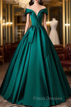 A-Line Off Shoulder Satin Green Long Formal Prom Dress, Green Long Formal Dress