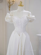 A-Line Off Shoulder Satin ivory Long Formal Prom Dress, Ivory  Long Bridesmaid Dress