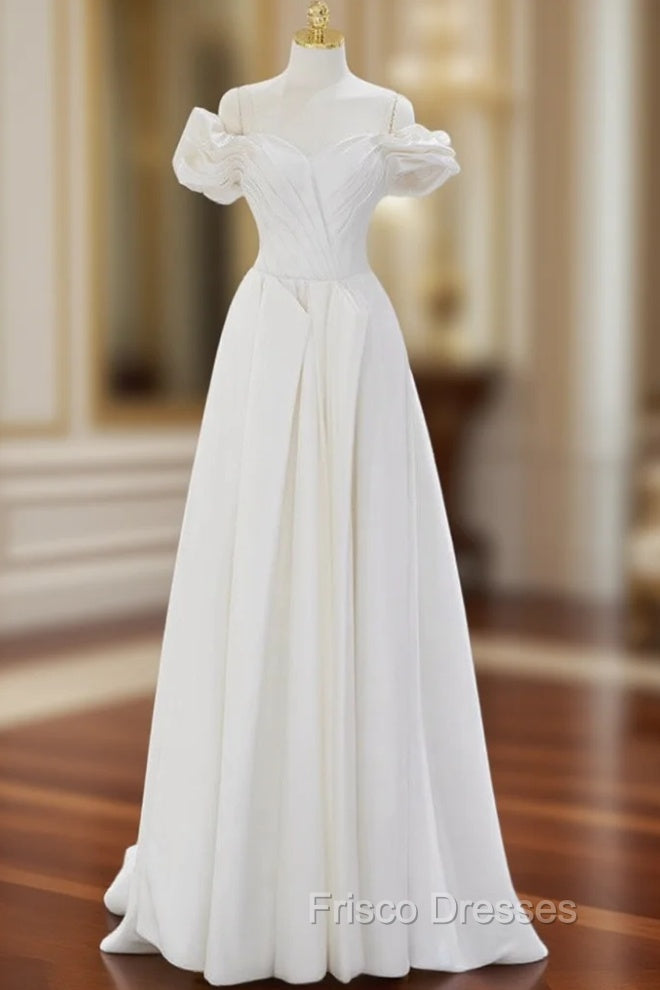 A-Line Off Shoulder Satin ivory Long Formal Prom Dress, Ivory  Long Bridesmaid Dress Main image