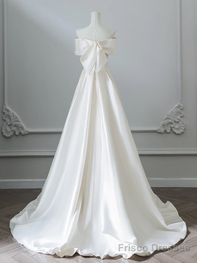 A-Line Off Shoulder Satin Ivory Long Prom Dress, Ivory Long Formal Dress