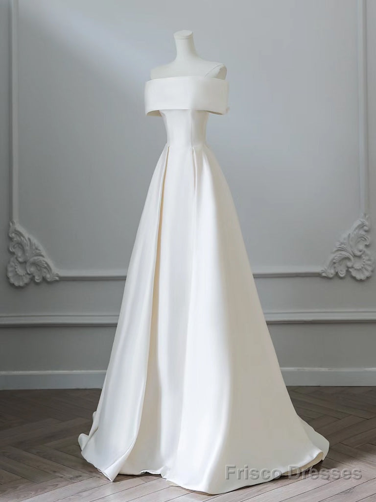 A-Line Off Shoulder Satin Ivory Long Prom Dress, Ivory Long Formal Dress