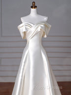 A-Line Off Shoulder Satin ivory Long Formal Prom Dress, Satin Long Formal Dress