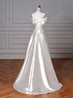 A-Line Off Shoulder Satin ivory Long Formal Prom Dress, Satin Long Formal Dress