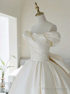 A-Line Off Shoulder Satin Light Champagne Long Prom Dress, Light Champagne Formal Dress