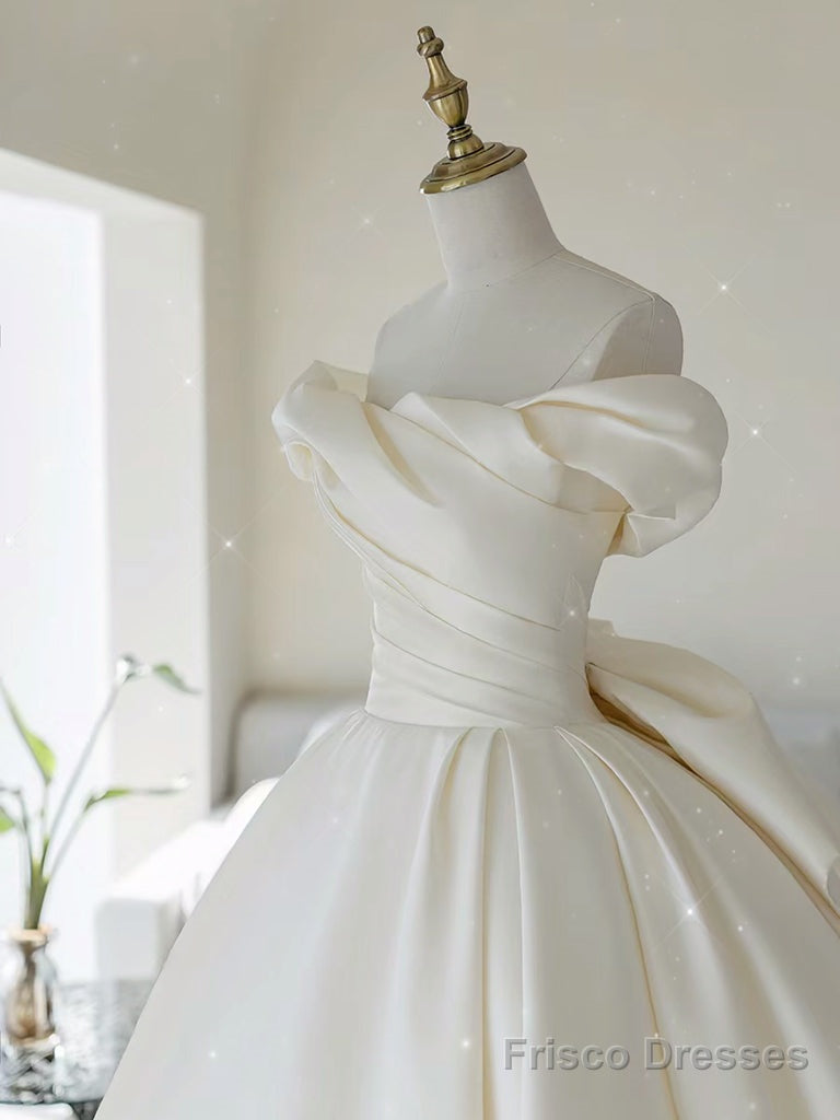 A-Line Off Shoulder Satin Light Champagne Long Prom Dress, Light Champagne Formal Dress