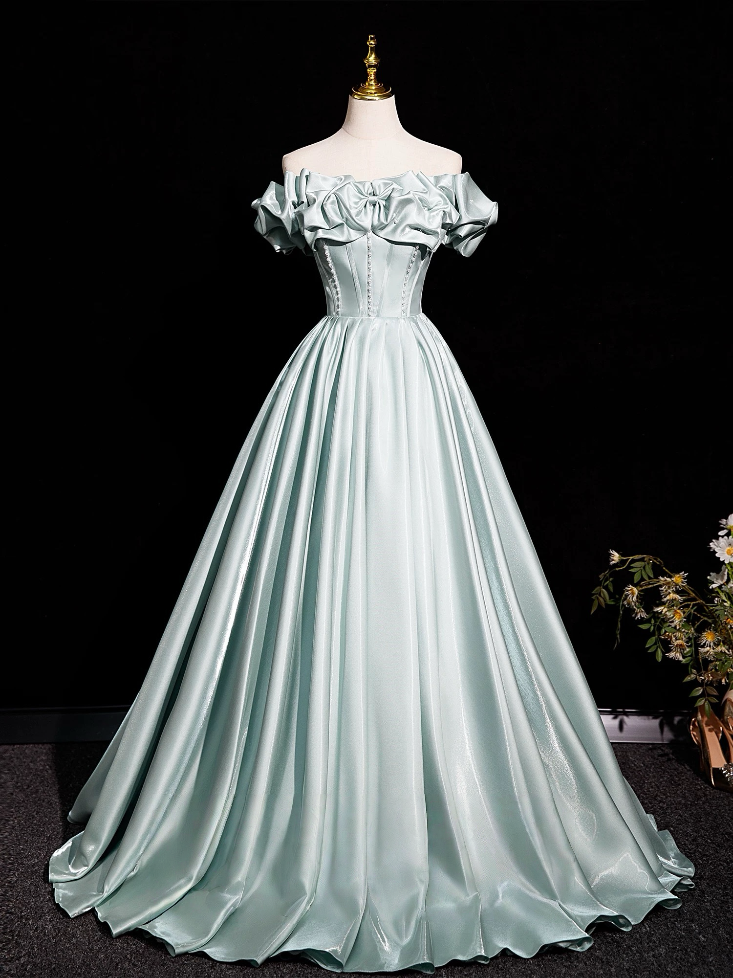 A-Line Off Shoulder Satin Light Green Long Prom Dress, Light Green Long Formal Dress Main image