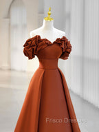A-Line Off Shoulder Satin Orange Long Formal Prom Dress, Orange Formal Evening Dress