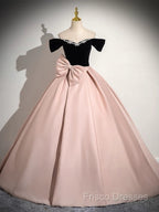 A-Line Off Shoulder Satin Pink Long Formal Prom Dress, Pink Long Formal Dress
