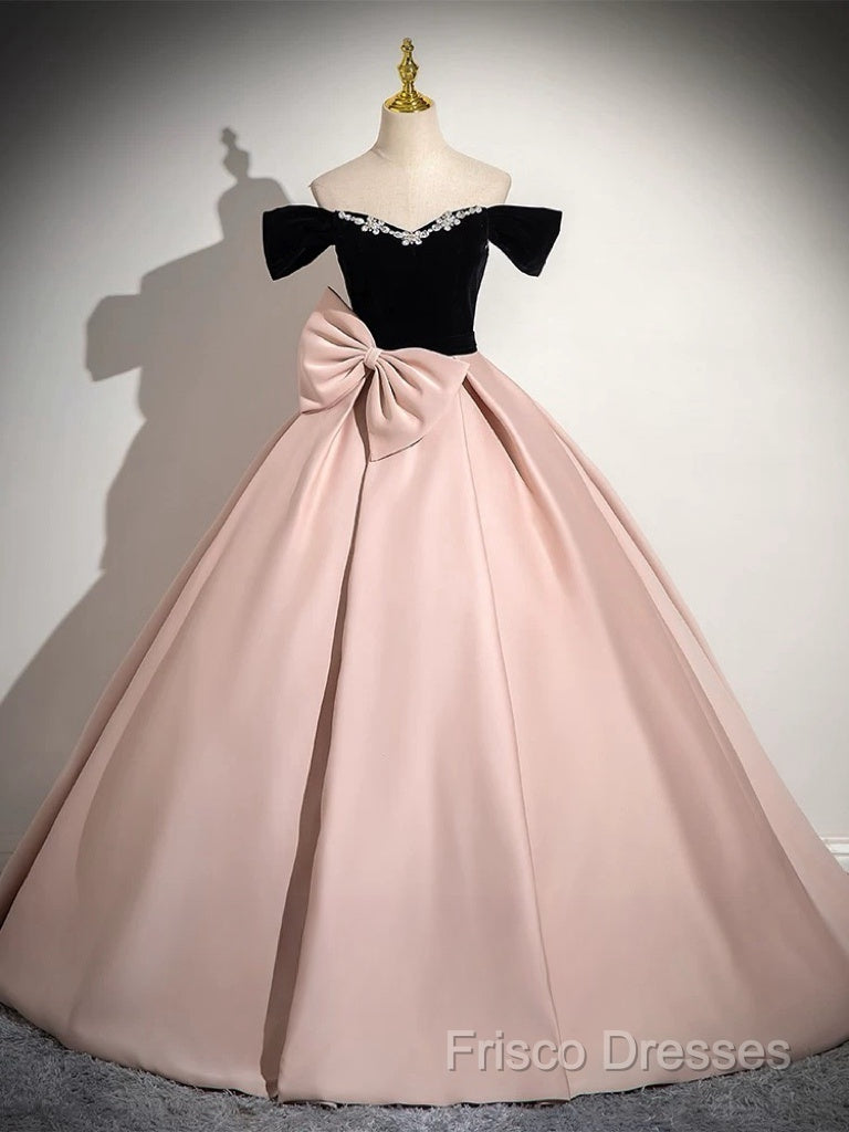 A-Line Off Shoulder Satin Pink Long Formal Prom Dress, Pink Long Formal Dress