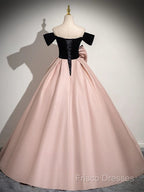 A-Line Off Shoulder Satin Pink Long Formal Prom Dress, Pink Long Formal Dress