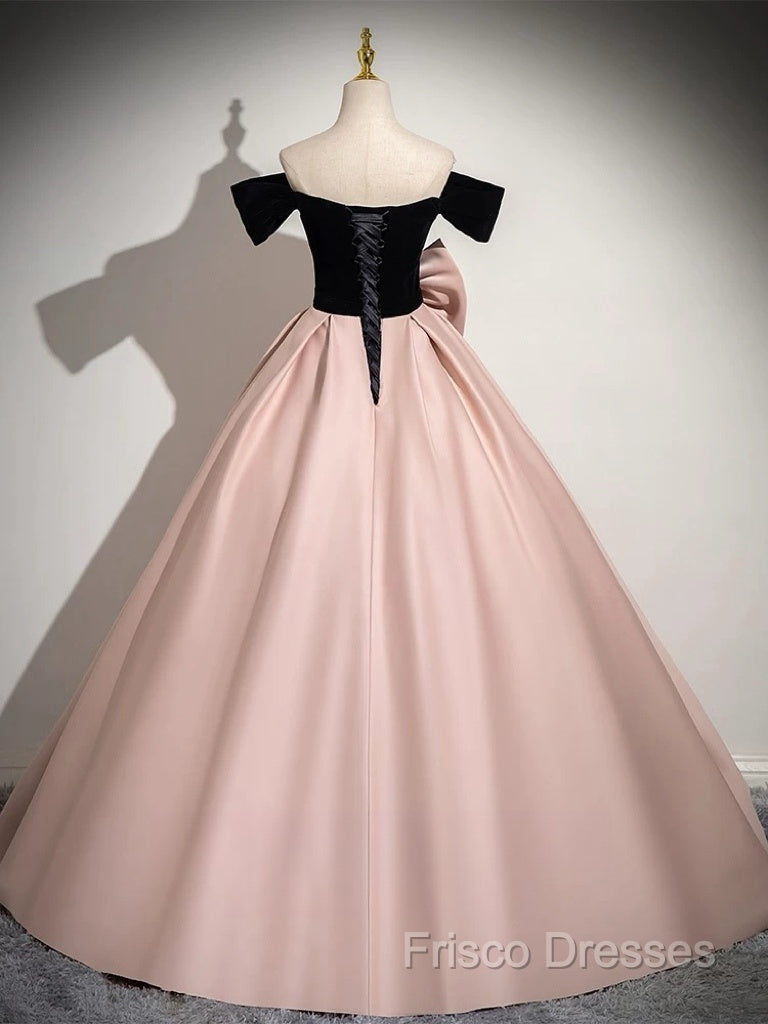 A-Line Off Shoulder Satin Pink Long Formal Prom Dress, Pink Long Formal Dress