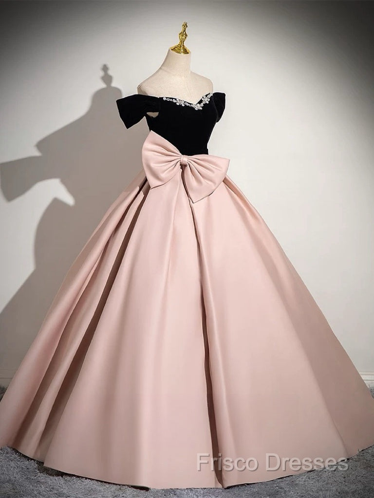 A-Line Off Shoulder Satin Pink Long Formal Prom Dress, Pink Long Formal Dress