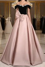 A-Line Off Shoulder Satin Pink Long Formal Prom Dress, Pink Long Formal Dress