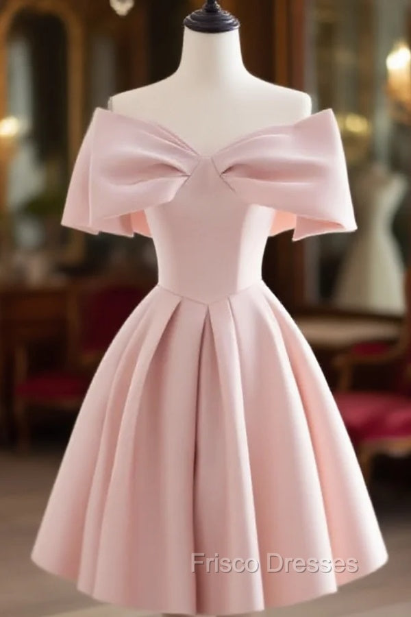 A-Line Off Shoulder Satin Pink Short Formal Prom Dress, Pink Homecoming Dress Main image