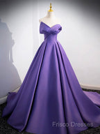 A-Line Off Shoulder Satin Purple Long Formal Prom Dress, Purple Long Formal Dress