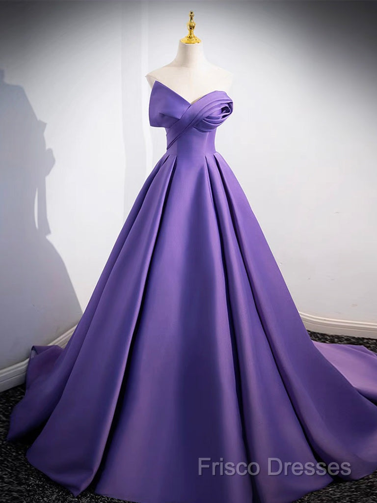 A-Line Off Shoulder Satin Purple Long Formal Prom Dress, Purple Long Formal Dress