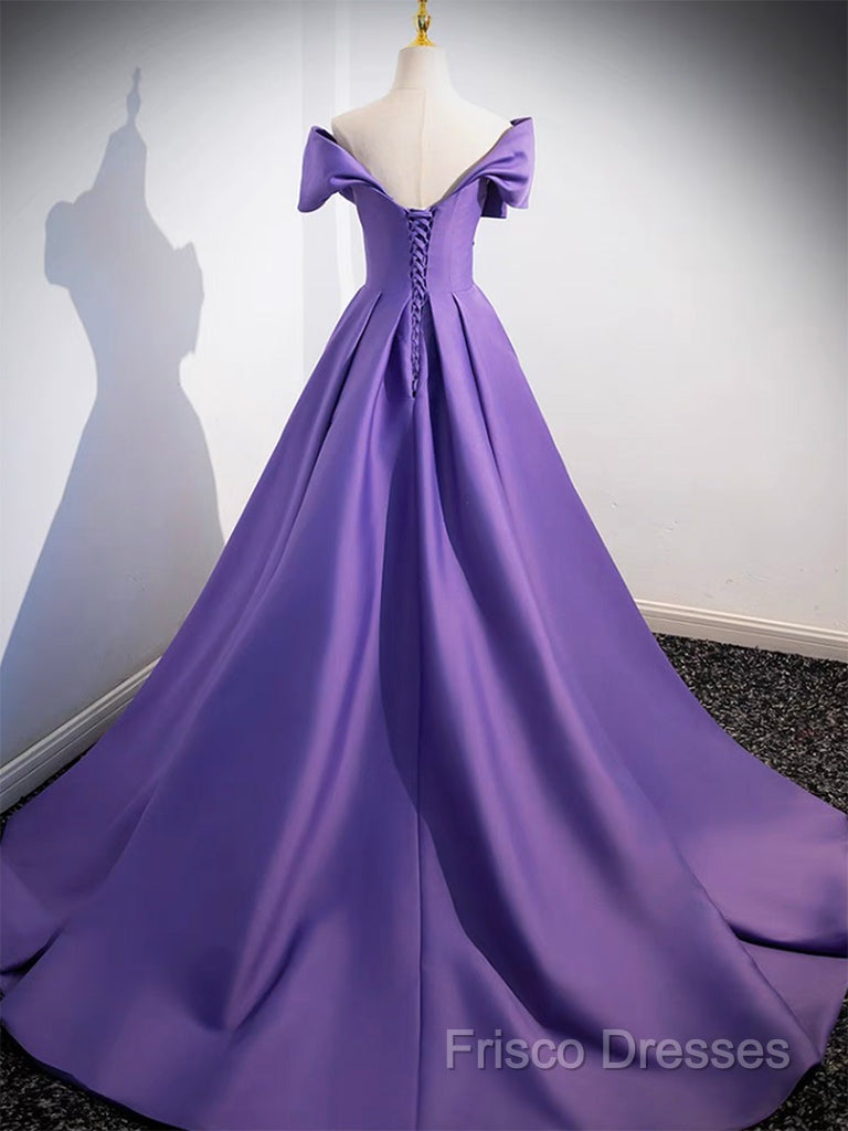 A-Line Off Shoulder Satin Purple Long Formal Prom Dress, Purple Long Formal Dress