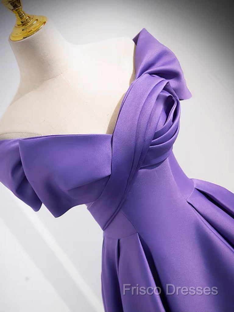 A-Line Off Shoulder Satin Purple Long Formal Prom Dress, Purple Long Formal Dress