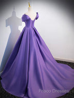 A-Line Off Shoulder Satin Purple Long Formal Prom Dress, Purple Long Formal Dress