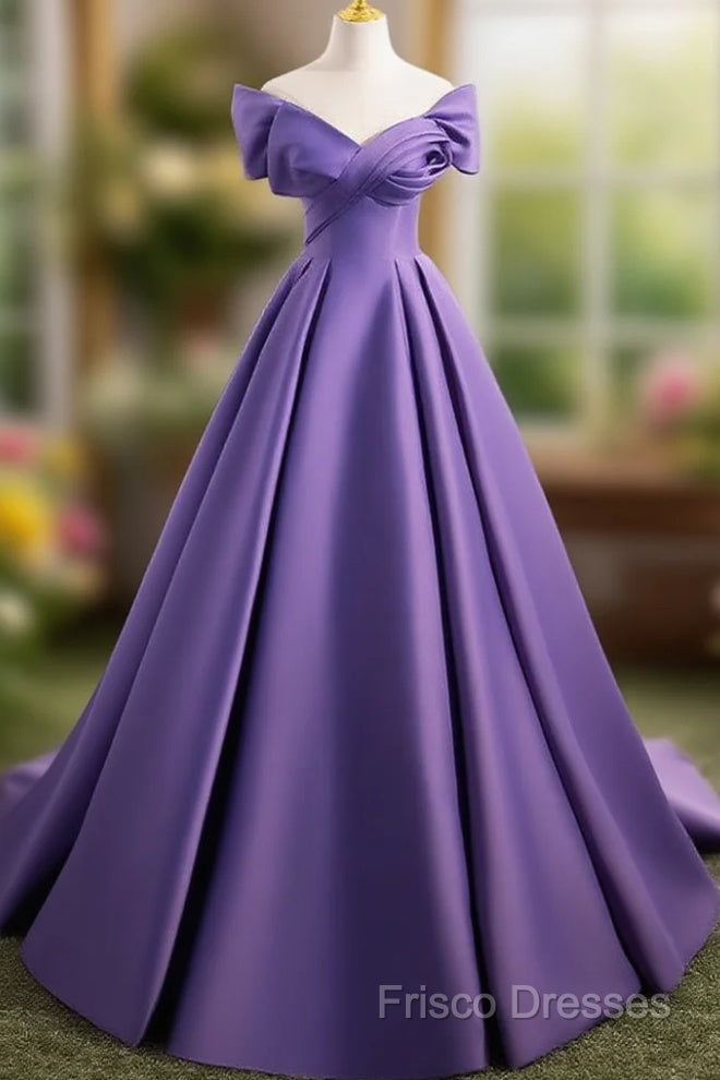 A-Line Off Shoulder Satin Purple Long Formal Prom Dress, Purple Long Formal Dress