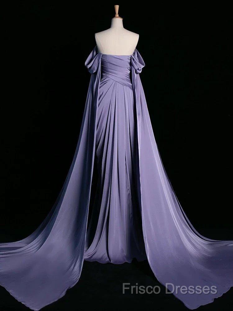 A-Line Off Shoulder Satin Purple Long Formal Prom Dress, Purple Long Formal Dress Secondary image