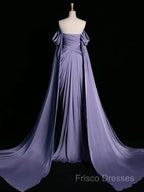 A-Line Off Shoulder Satin Purple Long Formal Prom Dress, Purple Long Formal Dress