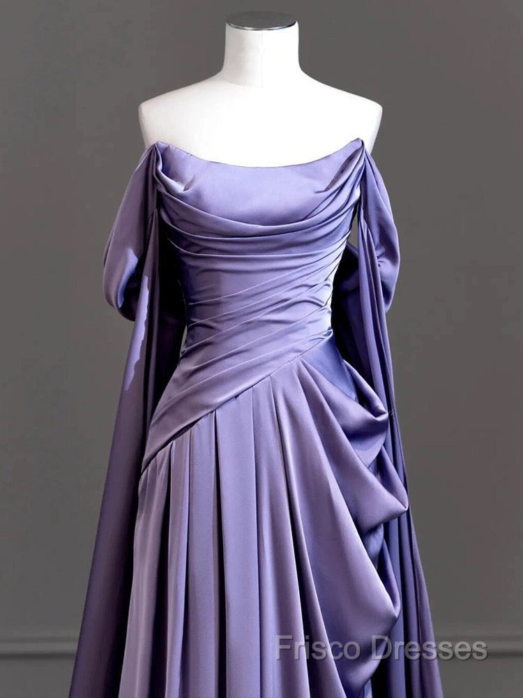 A-Line Off Shoulder Satin Purple Long Formal Prom Dress, Purple Long Formal Dress