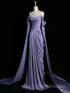 A-Line Off Shoulder Satin Purple Long Formal Prom Dress, Purple Long Formal Dress