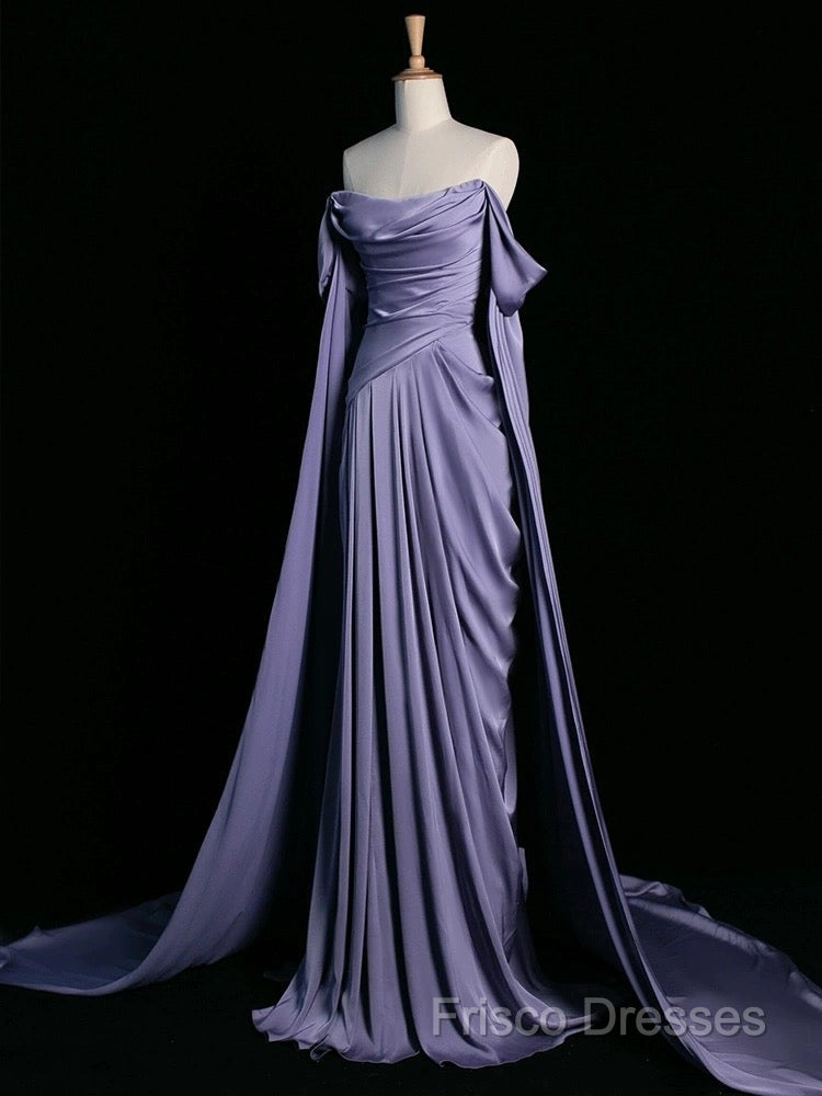 A-Line Off Shoulder Satin Purple Long Formal Prom Dress, Purple Long Formal Dress