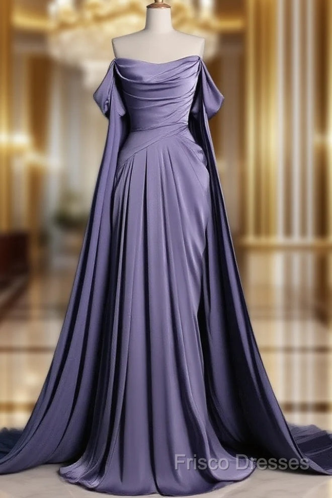 A-Line Off Shoulder Satin Purple Long Formal Prom Dress, Purple Long Formal Dress Main image