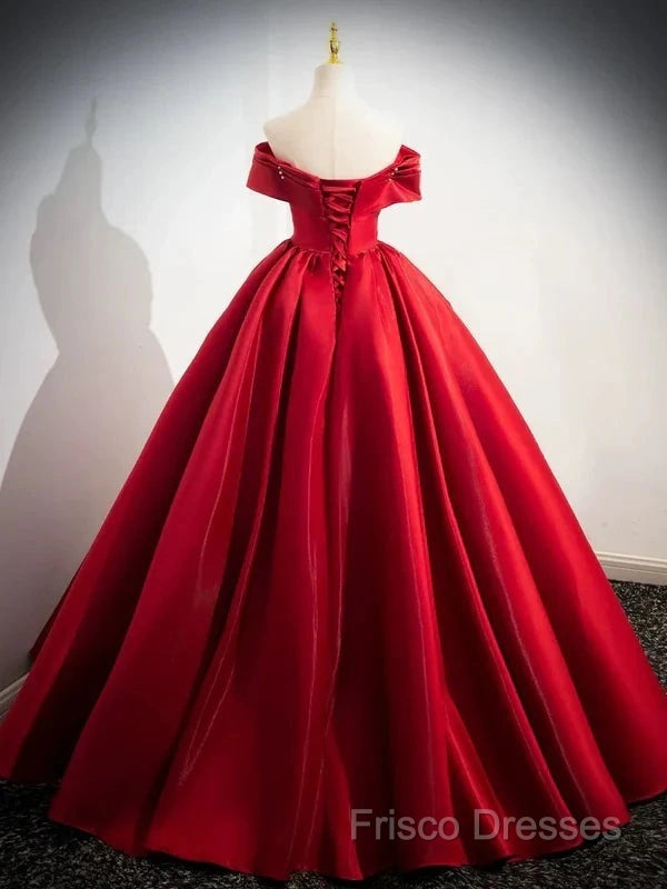 A-Line Off Shoulder Satin Red Ballgown Long Formal Prom Dress Formal Dress Floor Length