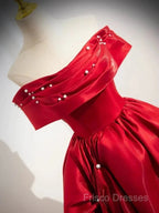 A-Line Off Shoulder Satin Red Ballgown Long Formal Prom Dress Formal Dress Floor Length
