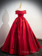 A-Line Off Shoulder Satin Red Ballgown Long Formal Prom Dress Formal Dress Floor Length