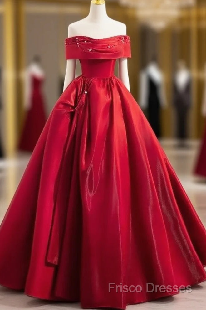 A-Line Off Shoulder Satin Red Ballgown Long Formal Prom Dress Formal Dress Floor Length