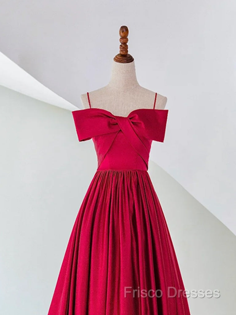 A-Line Off Shoulder Satin Red Long Formal Prom Dress, Red Formal Dress