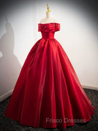 A-Line Off Shoulder Satin Red Long Formal Prom Dress, Red Long Evening Dress