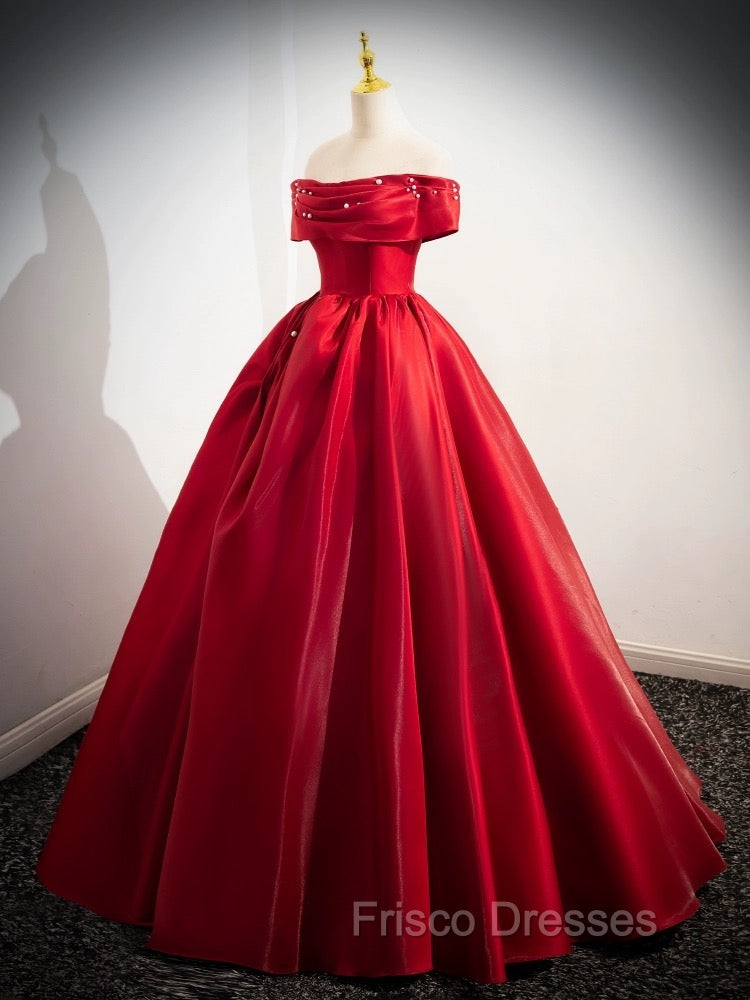 A-Line Off Shoulder Satin Red Long Formal Prom Dress, Red Long Evening Dress