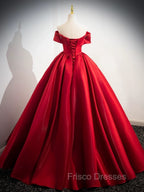 A-Line Off Shoulder Satin Red Long Formal Prom Dress, Red Long Evening Dress