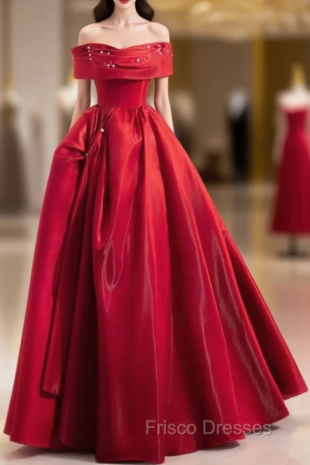 A-Line Off Shoulder Satin Red Long Formal Prom Dress, Red Long Evening Dress Main image