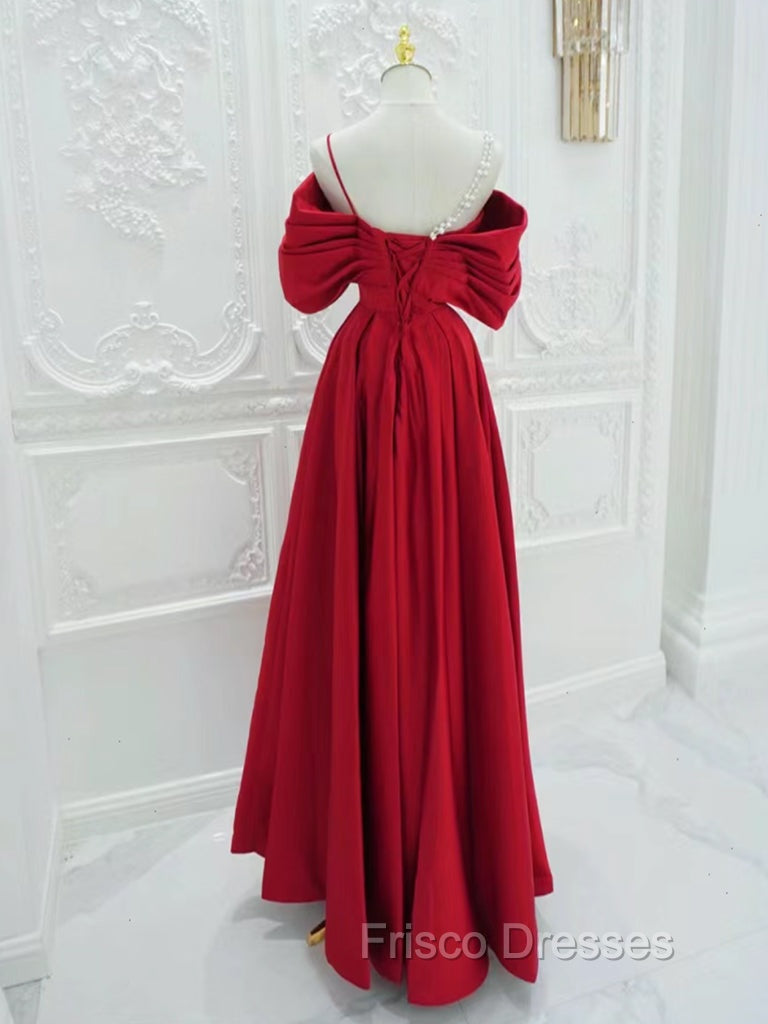 A-Line Off Shoulder Satin Red Long Formal Prom Dress, Red Long Formal Dress Secondary image