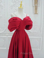 A-Line Off Shoulder Satin Red Long Formal Prom Dress, Red Long Formal Dress