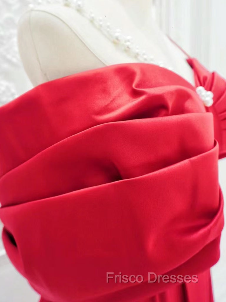 A-Line Off Shoulder Satin Red Long Formal Prom Dress, Red Long Formal Dress