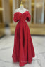 A-Line Off Shoulder Satin Red Long Formal Prom Dress, Red Long Formal Dress