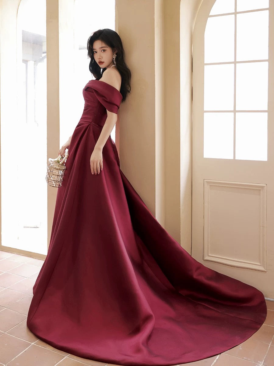 A-Line Off Shoulder Satin Sweet Train Dark Red Long Prom Dress Secondary image