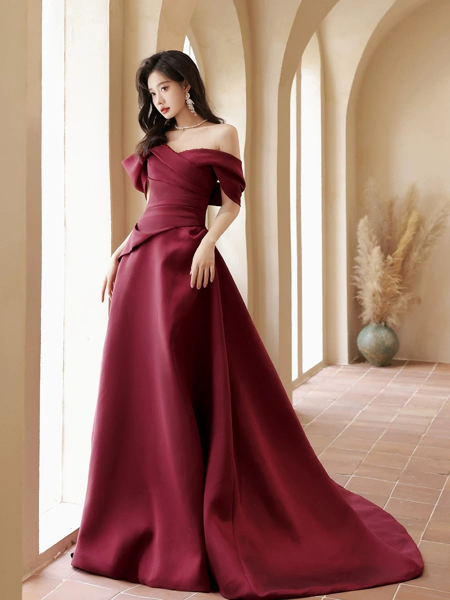 A-Line Off Shoulder Satin Sweet Train Dark Red Long Prom Dress Main image