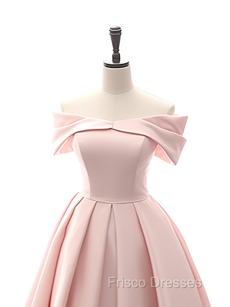 A-Line Off Shoulder Satin Tea Length Pink Formal Prom Dress, Pink Formal Dress Secondary image