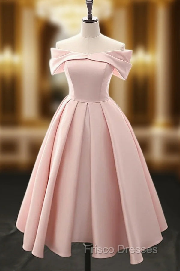 A-Line Off Shoulder Satin Tea Length Pink Formal Prom Dress, Pink Formal Dress Main image