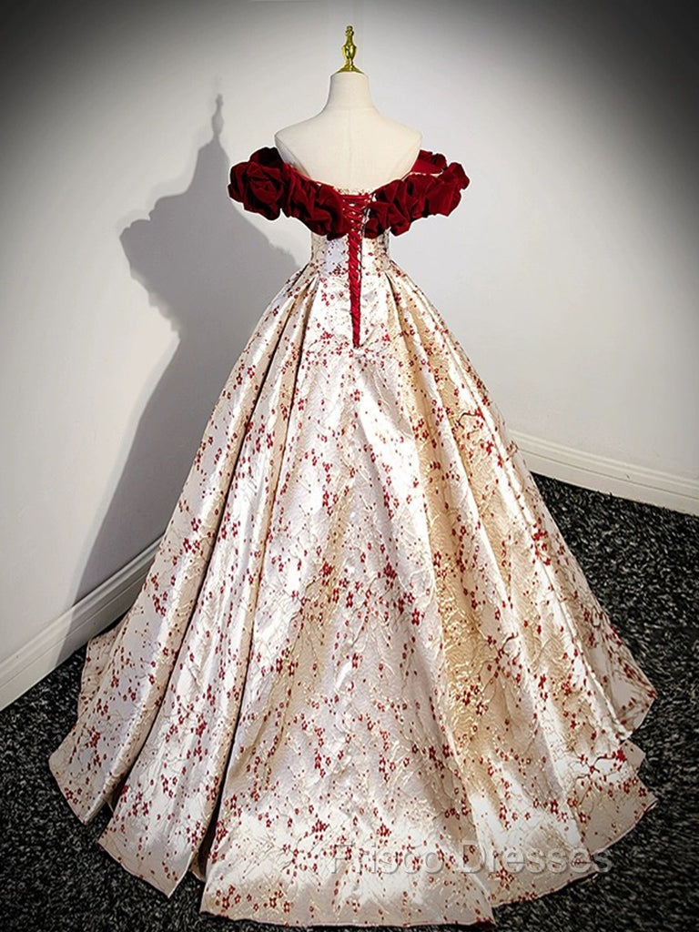 A-Line Off Shoulder Satin/Velvet Champagne Long Formal Prom Dress, Champagne Long Evening Dress