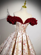 A-Line Off Shoulder Satin/Velvet Champagne Long Formal Prom Dress, Champagne Long Evening Dress