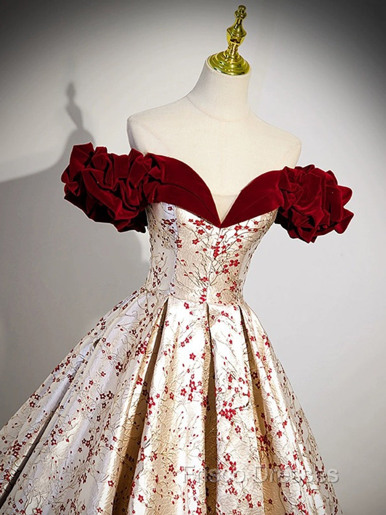 A-Line Off Shoulder Satin/Velvet Champagne Long Formal Prom Dress, Champagne Long Evening Dress